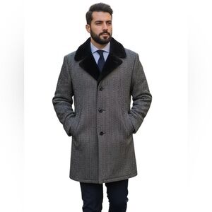 Vintage 80s Westchester Classics Men’s Herringbone Overcoat Faux Fur Lined USA